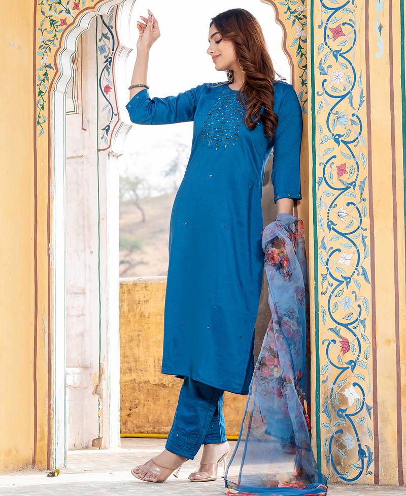 Women's blue silk handwork designer kurta set with dupatta