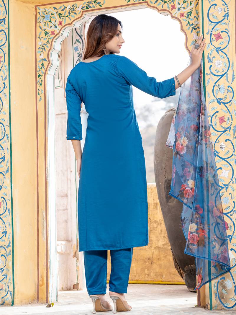 Women's blue silk handwork designer kurta set with dupatta