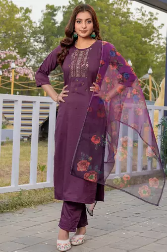 Women's wine silk handwork designer kurta set with dupatta