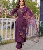 Women's wine silk handwork designer kurta set with dupatta