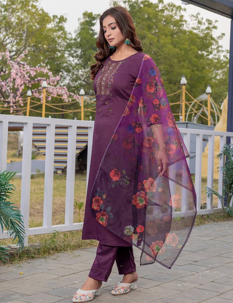Women's wine silk handwork designer kurta set with dupatta