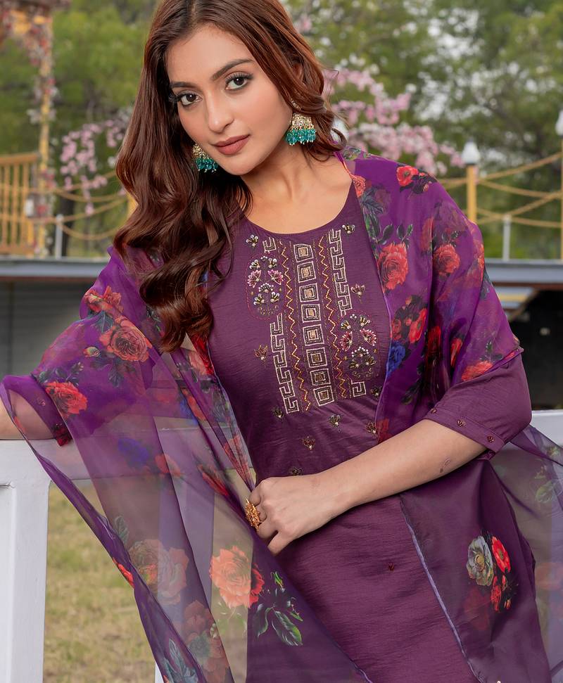 Women's wine silk handwork designer kurta set with dupatta
