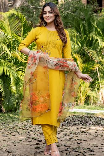 yellow silk designer kurta set with handwork detail