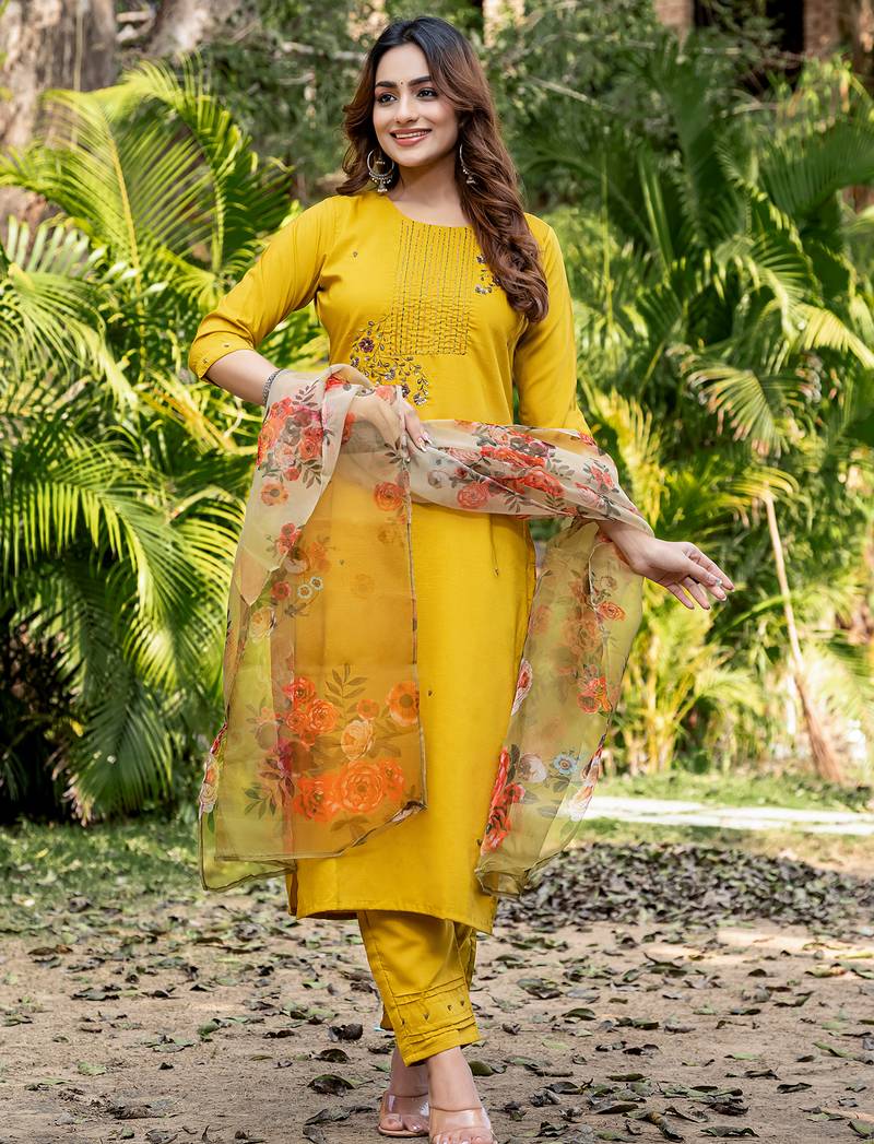 Women's yellow silk handwork designer kurta set with dupatta