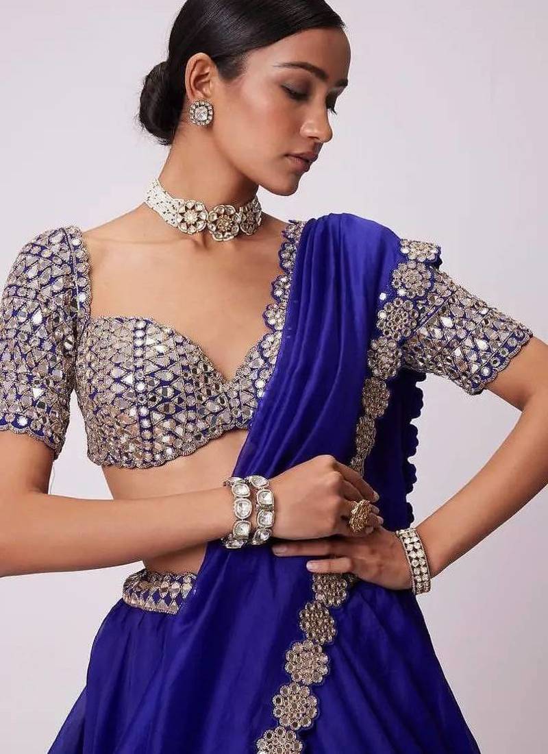 Navy Blue Color Foil Mirror Work Faux Georgette Lehenga Choli