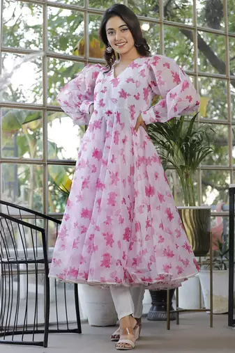 Meadow saffron flower print orgenza anarkali suits