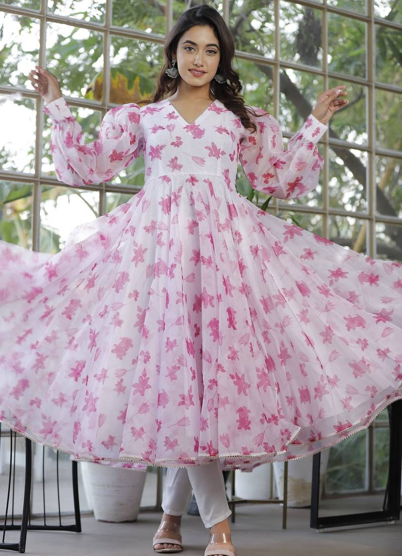 Meadow saffron flower print orgenza anarkali suits