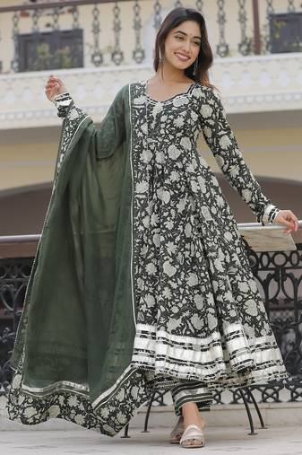 Dusty green paisley anarkali suits