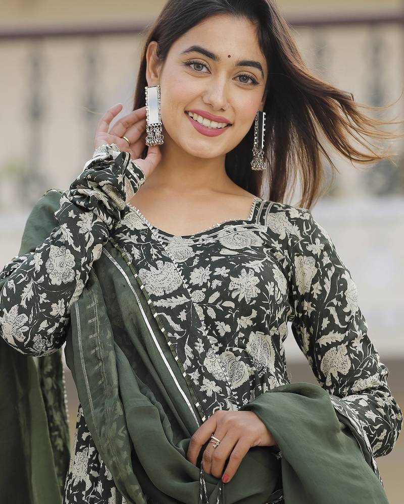 Dusty green paisley anarkali suits