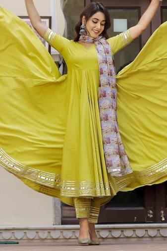 Lemon green cotton anarkali set