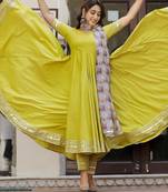 Lemon green cotton anarkali set