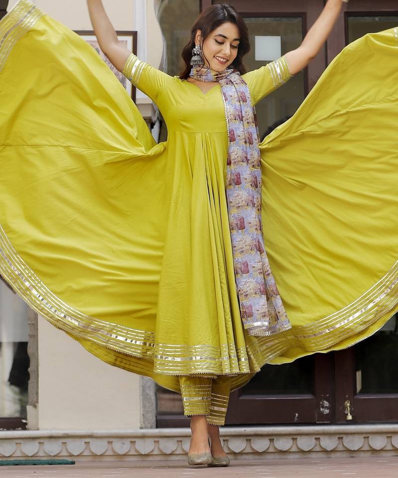 Lemon green cotton anarkali set