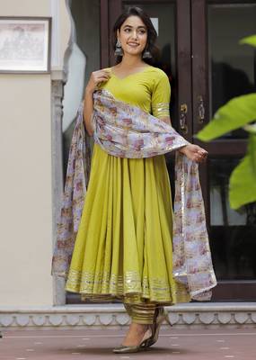 Lemon green cotton anarkali set 2