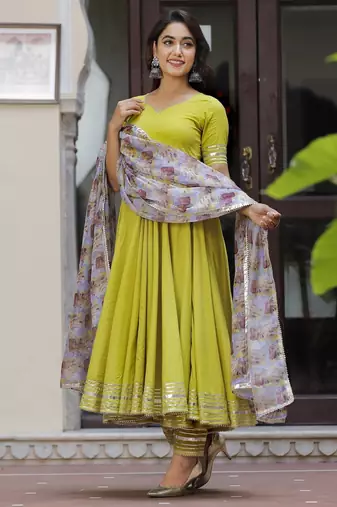 Lemon green cotton anarkali set