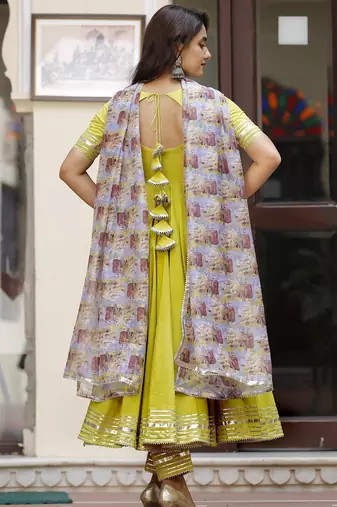 Lemon green cotton anarkali set