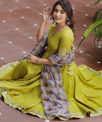 Lemon green cotton anarkali set 4