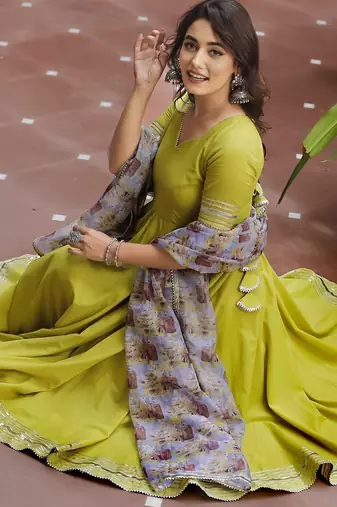 Lemon green cotton anarkali set