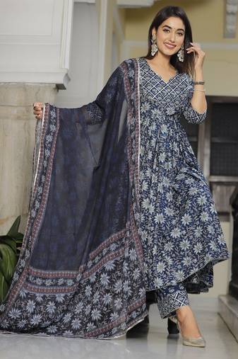 Floral royal blue anarkali suits
