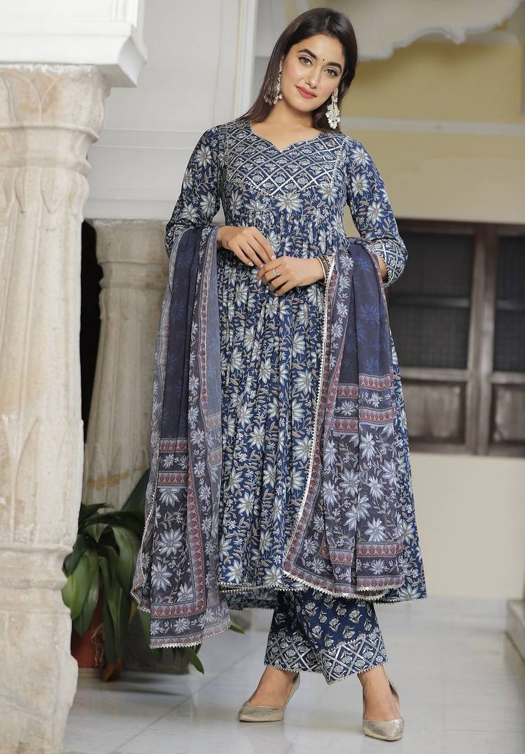 Floral royal blue anarkali suits