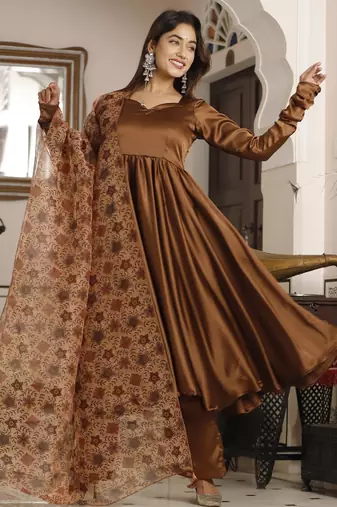 Brown silk anarkali set