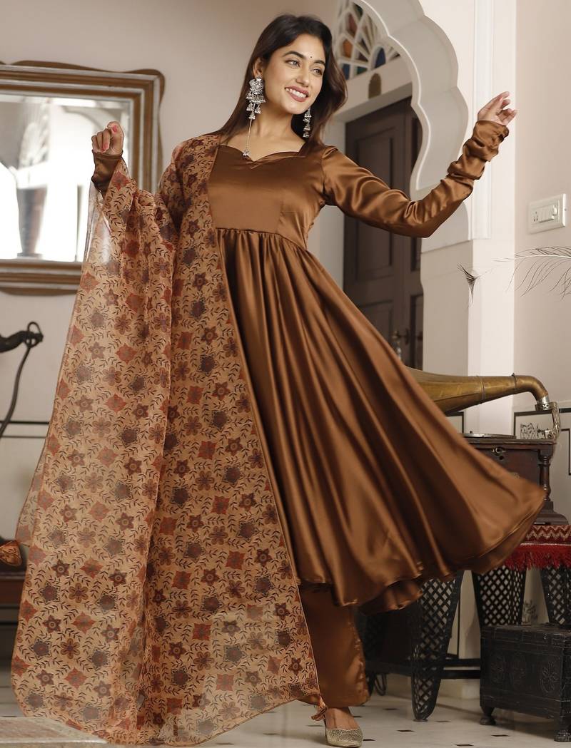 Brown silk anarkali set
