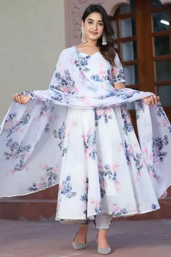 Pink blue floral chanderi anarkali suits