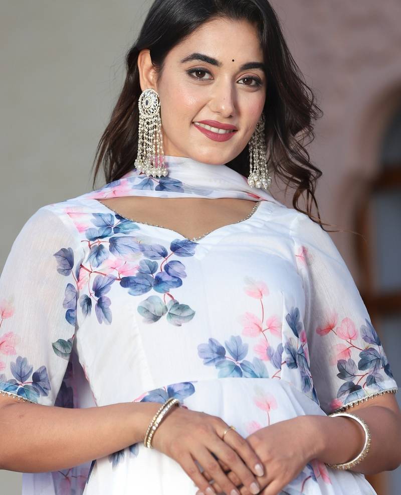 Pink blue floral chanderi anarkali suits