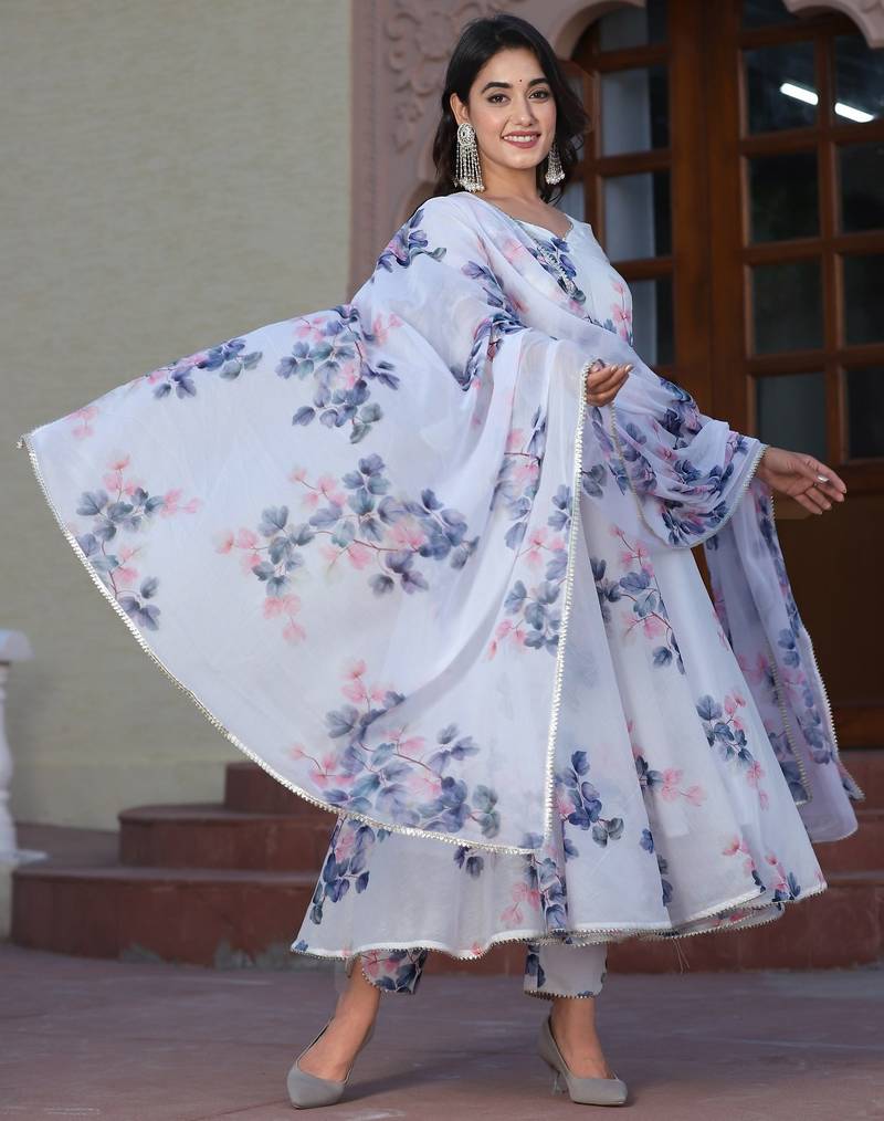Pink blue floral chanderi anarkali suits