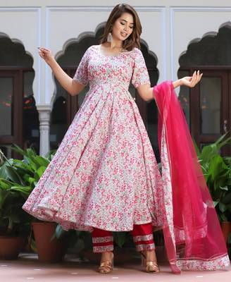 Rosy pink cotton anarkali set 4