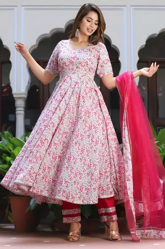 Rosy pink cotton anarkali set
