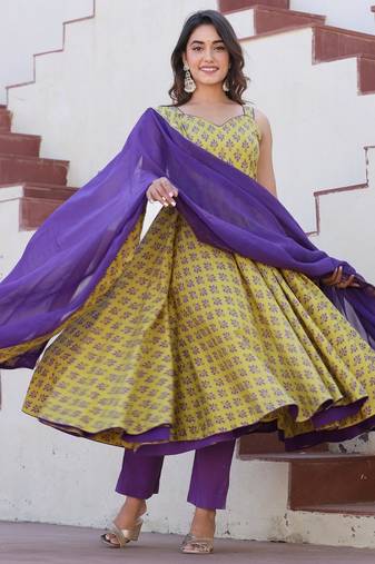Yellow purple fhool anarkali suits