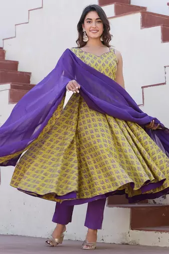 Yellow purple fhool anarkali suits