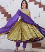 Yellow purple fhool anarkali suits