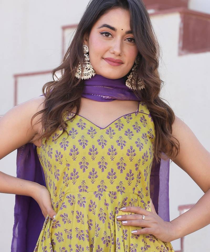 Yellow purple fhool anarkali suits