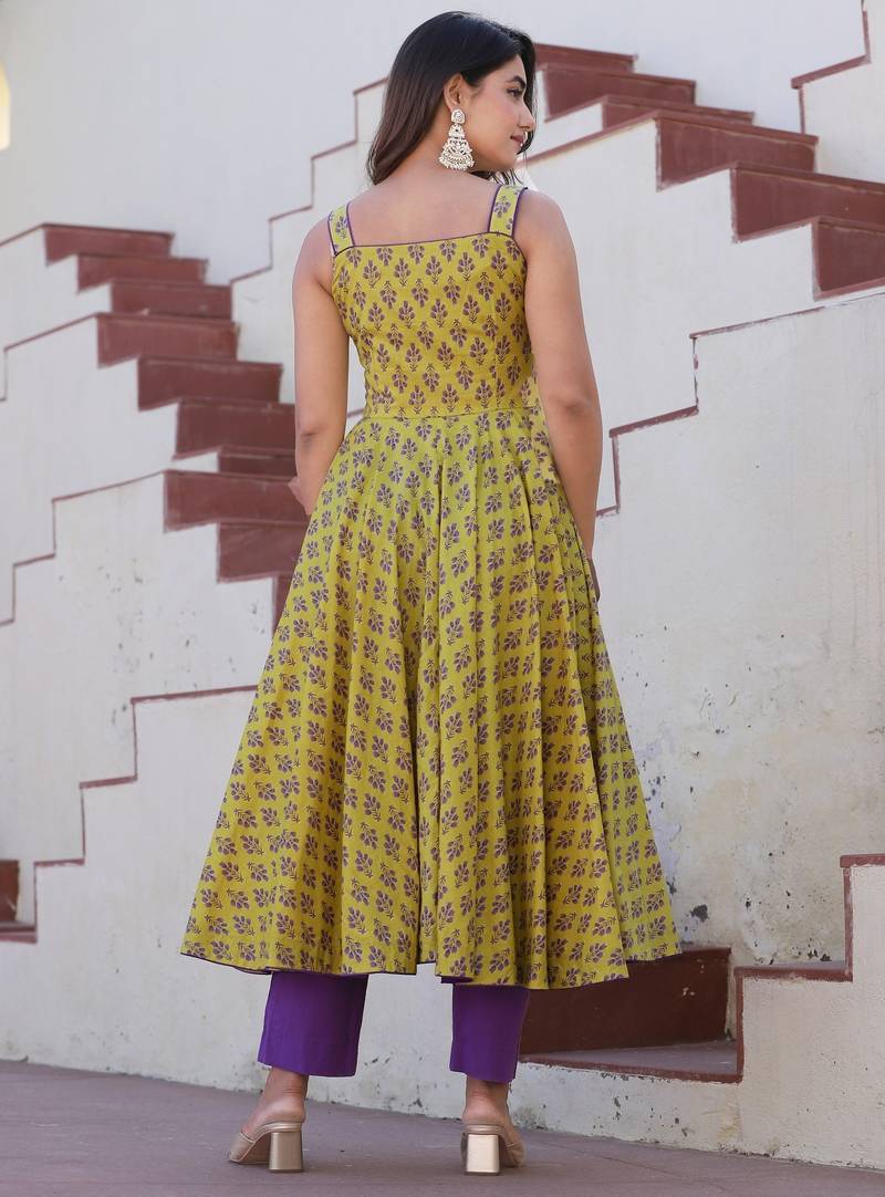 Yellow purple fhool anarkali suits