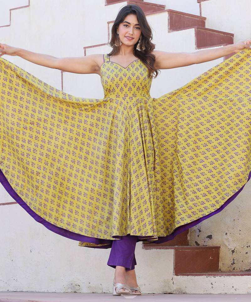 Yellow purple fhool anarkali suits