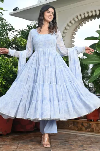 Blue water lily georgette tired anarkali