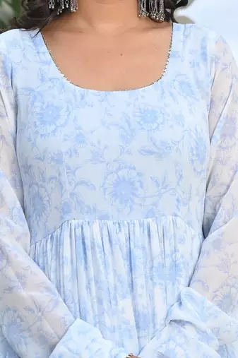 Blue water lily georgette tired anarkali