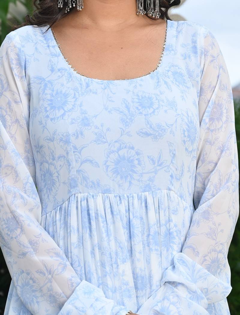 Blue water lily georgette tired anarkali