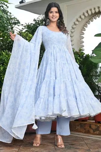 Blue water lily georgette tired anarkali