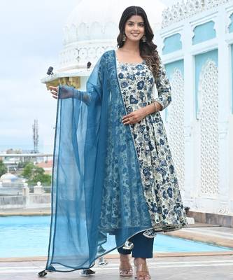Blue lily floral cotton anarkali 1