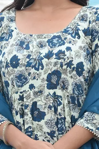 Blue lily floral cotton anarkali