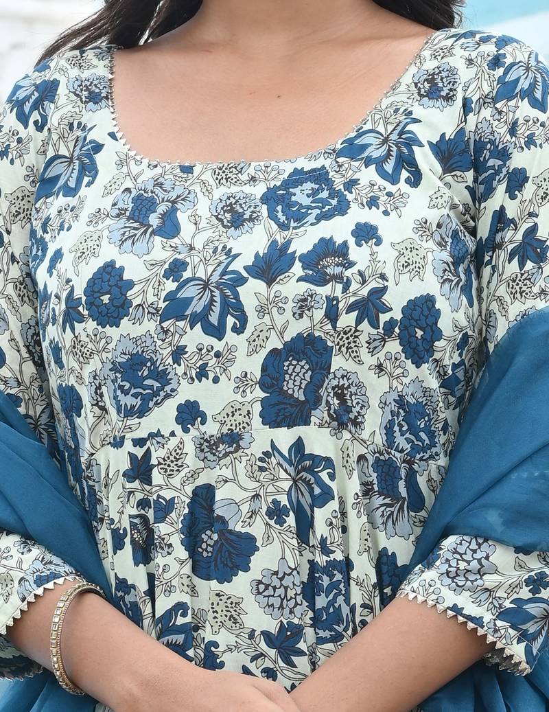 Blue lily floral cotton anarkali