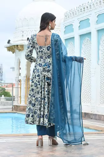 Blue lily floral cotton anarkali