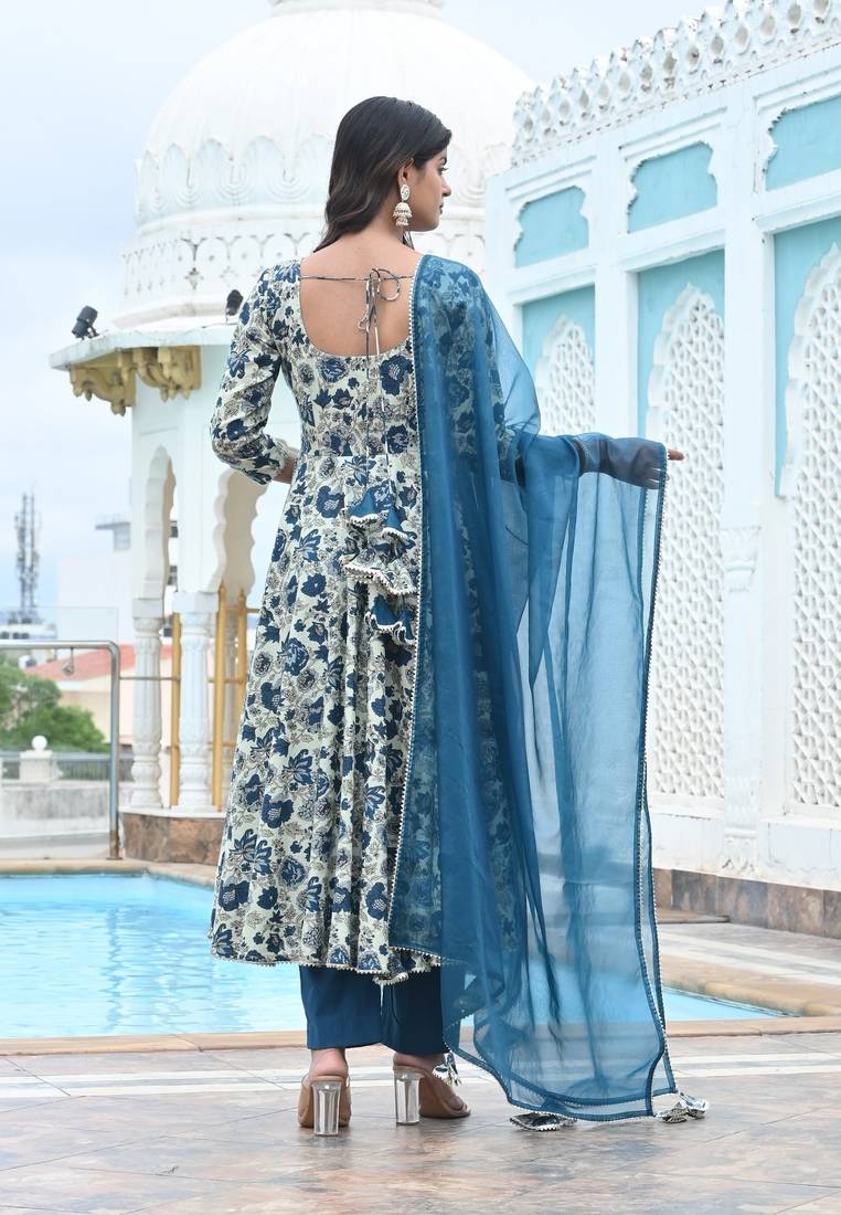 Blue lily floral cotton anarkali