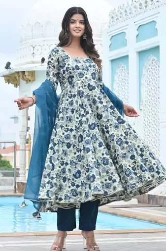 Blue lily floral cotton anarkali