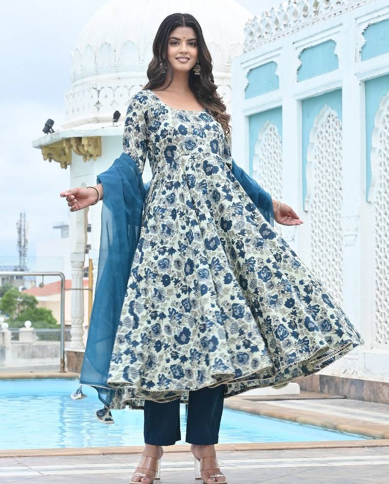 Blue lily floral cotton anarkali