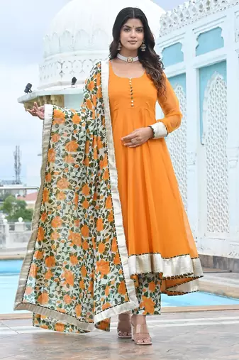Marigold mustard phool jaal anarkali