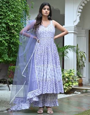 Ocean white with lavender floral tired anarkali 1