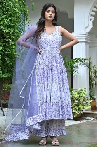 Ocean white with lavender floral tired anarkali